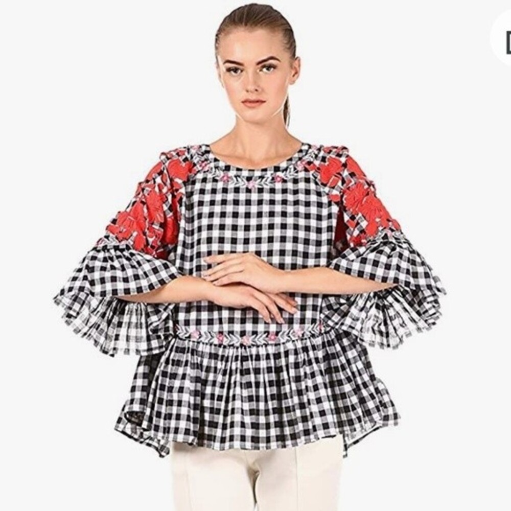 Anthropologie Pankaj and Nidhi Gingham Check Applique Cotton Top S NWOT - Picture 9 of 16